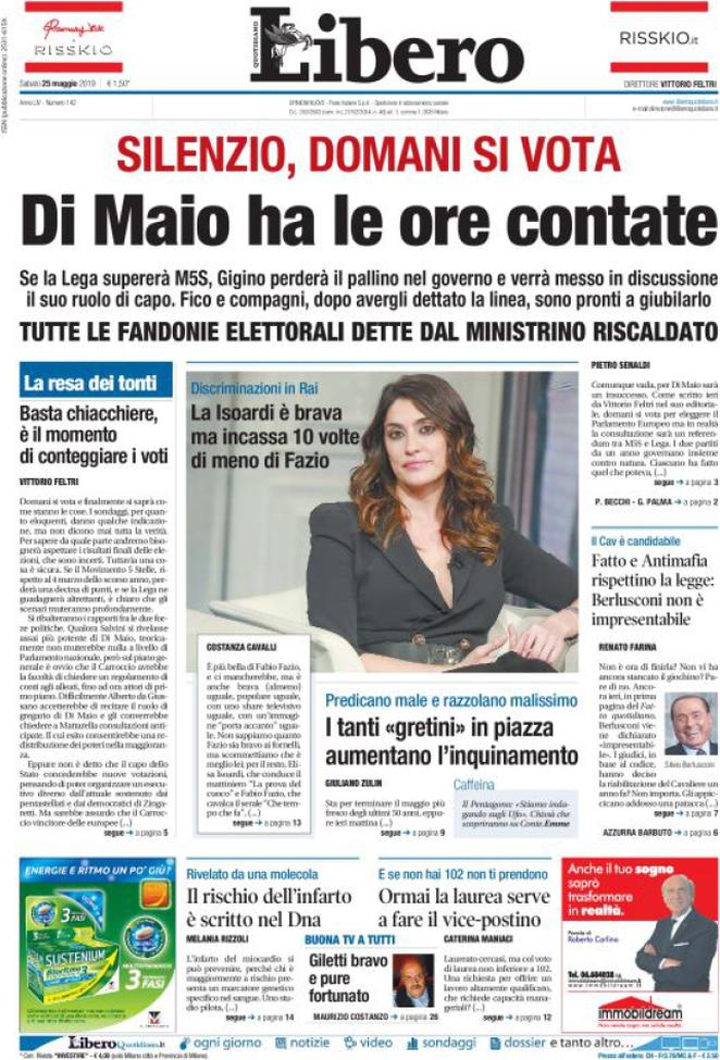 25 maggio: prime pagine Italia