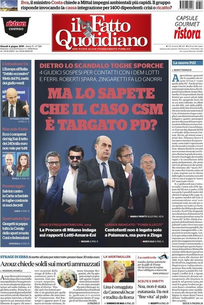 6 giugno: prime pagine&nbsp;Italia