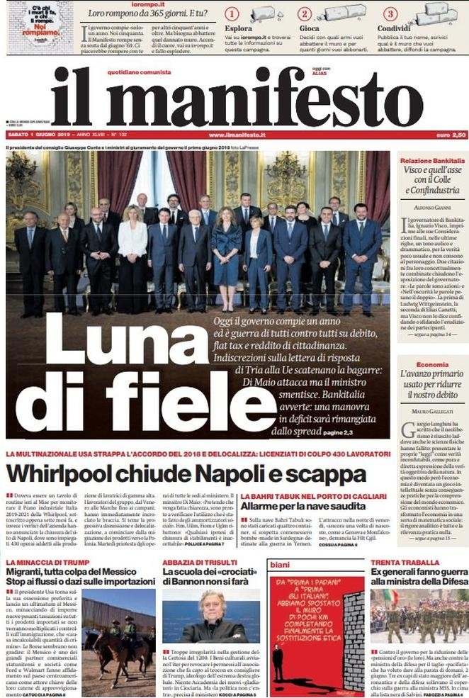 1 giugno: prime pagine&nbsp;Italia