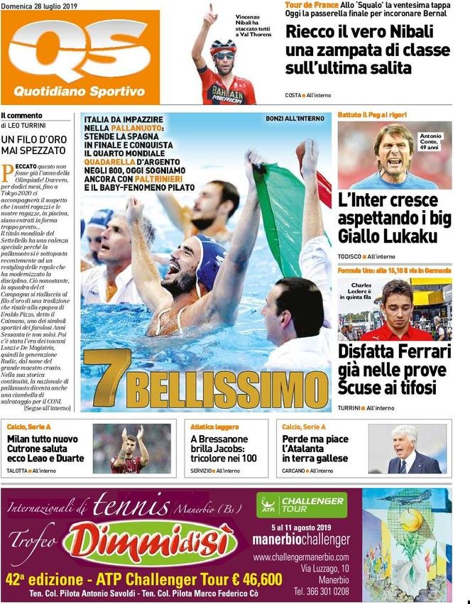 28 luglio: prime pagine&nbsp;sport
