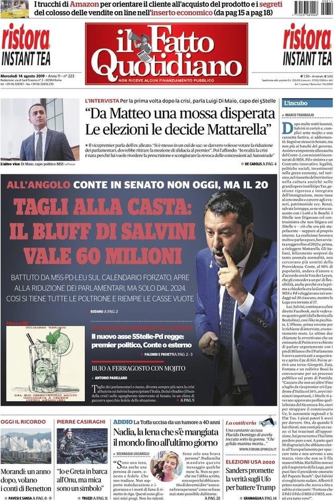 14 agosto: prime pagine&nbsp;Italia