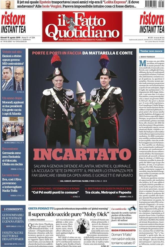 15 agosto: prime pagine&nbsp;Italia