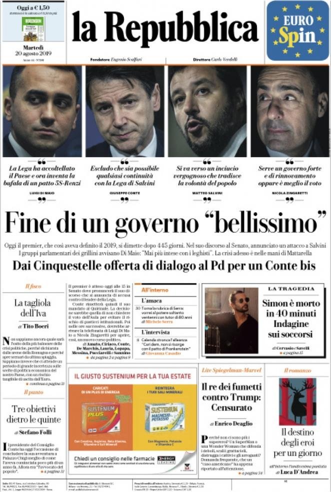 20 agosto: prime pagine&nbsp;Italia