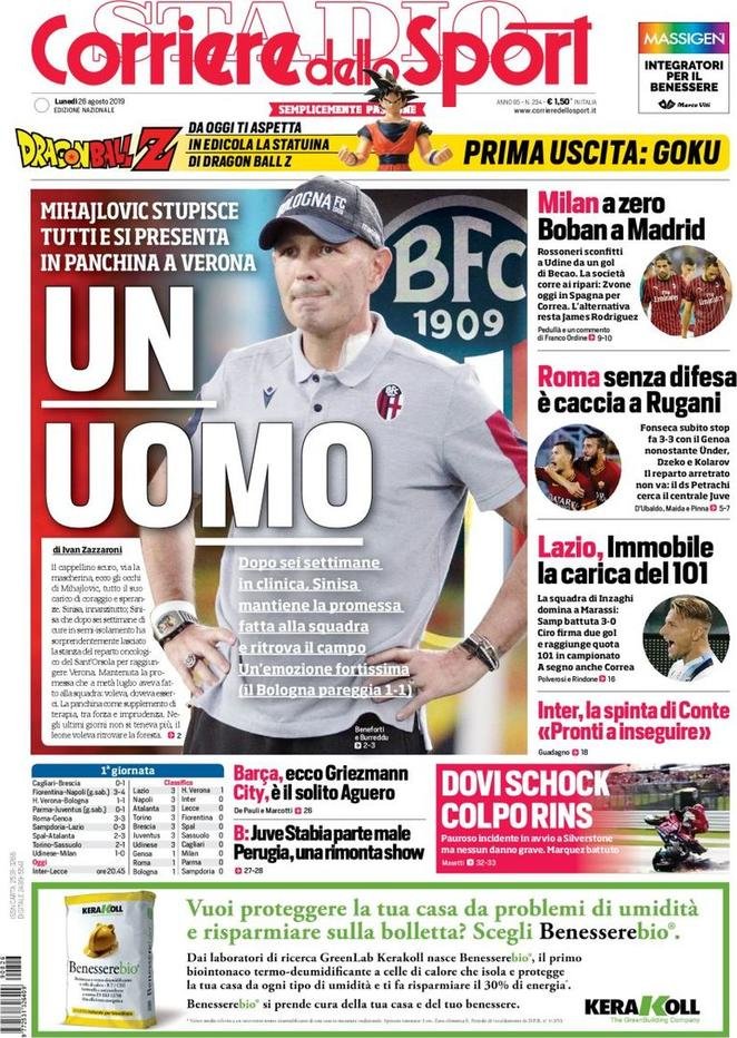 26 agosto: prime pagine&nbsp;Sport