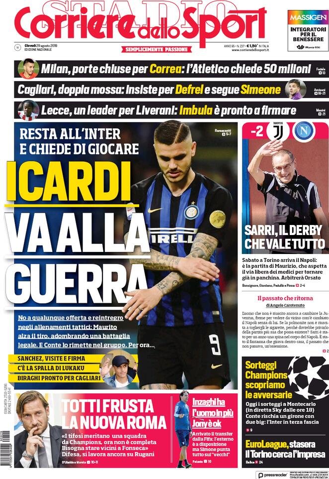 29 agosto: prime pagine&nbsp;sportive