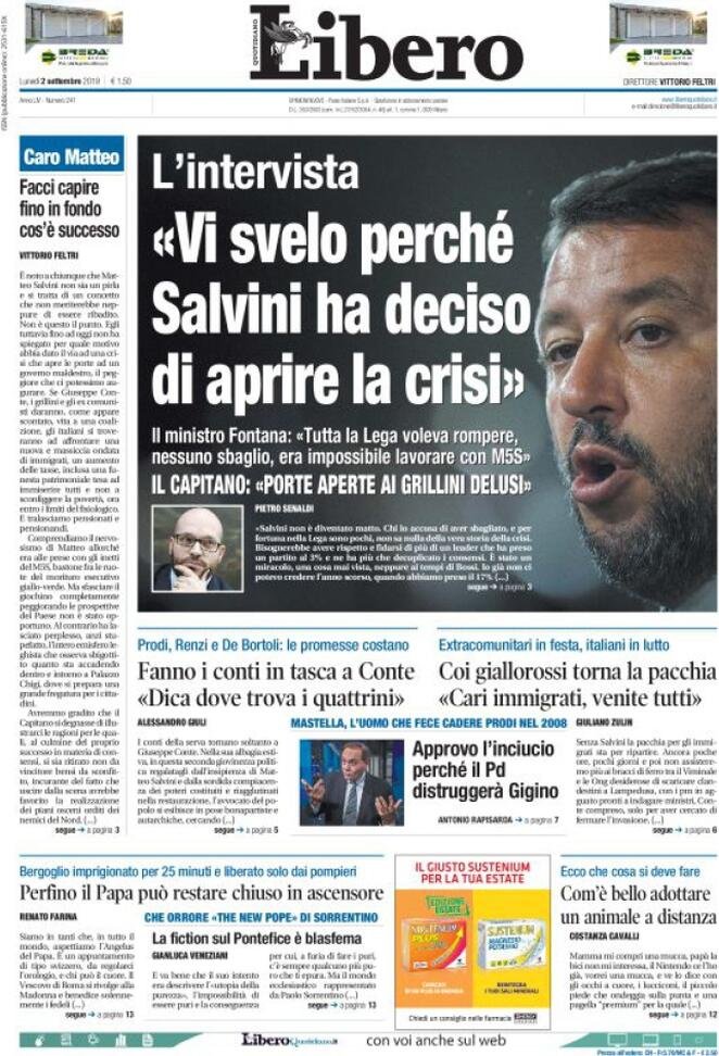 2 settembre: prime pagine&nbsp;Italia