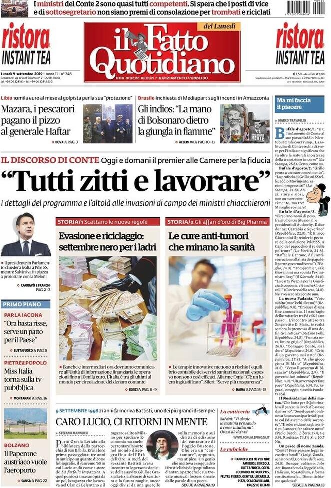 9 settembre: prime pagine&nbsp;Italia