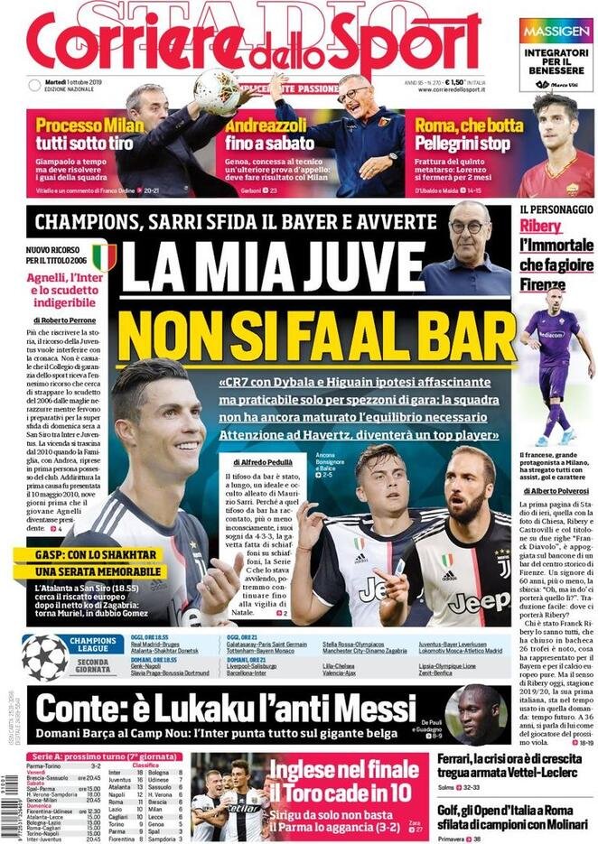 1 ottobre: prime pagine&nbsp;sport