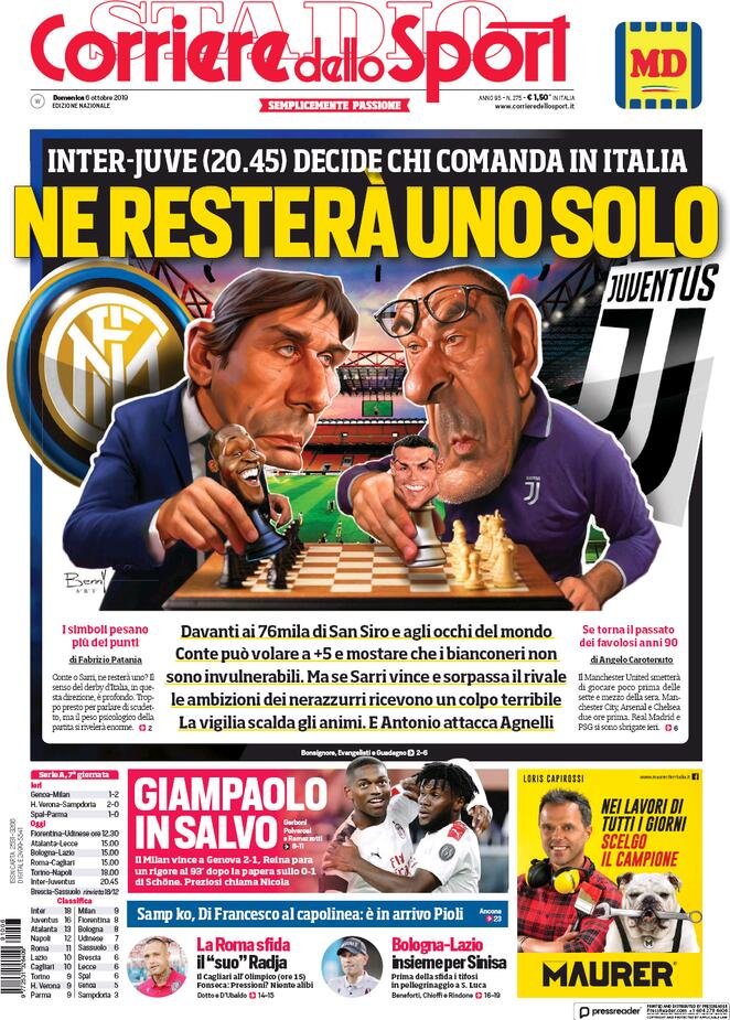 6 ottobre: prime pagine&nbsp;sport