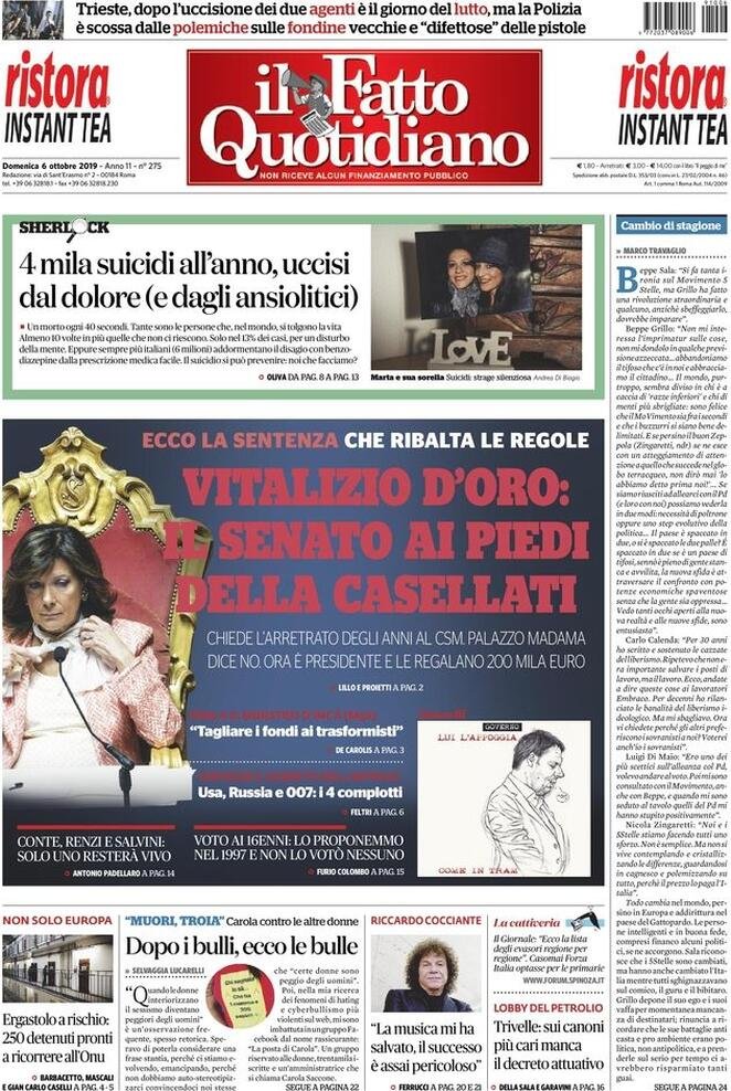 6 ottobre: prime pagine&nbsp;Italia