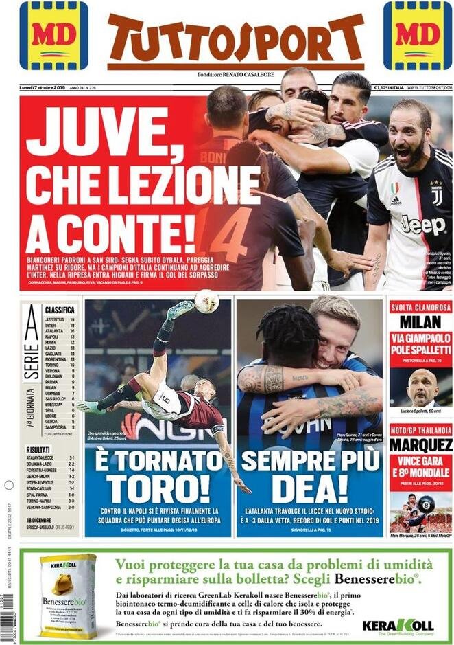 7 ottobre: prime pagine&nbsp;Sport