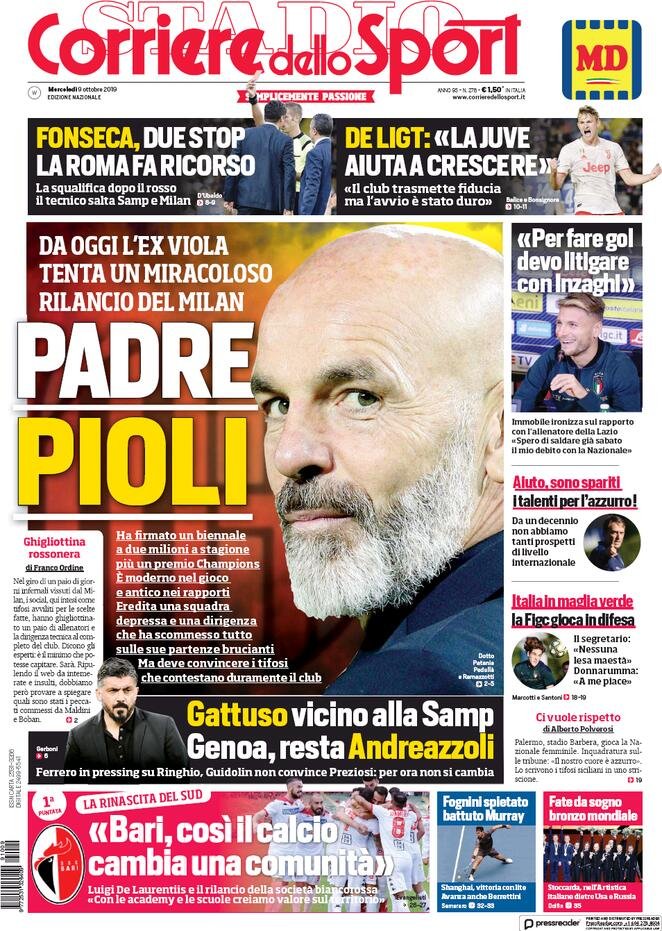 9 ottobre: prime pagine&nbsp;sport