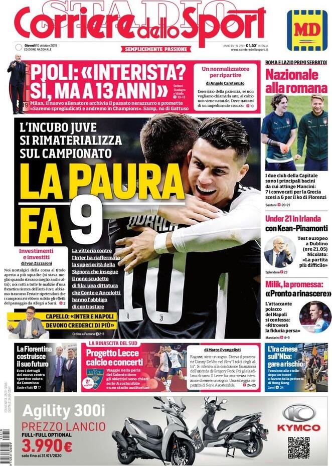 10 ottobre: prime pagine&nbsp;Sport