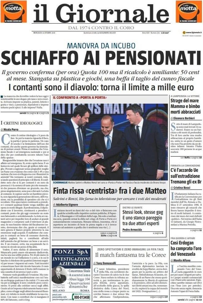16 ottobre prime pagine&nbsp;Italia