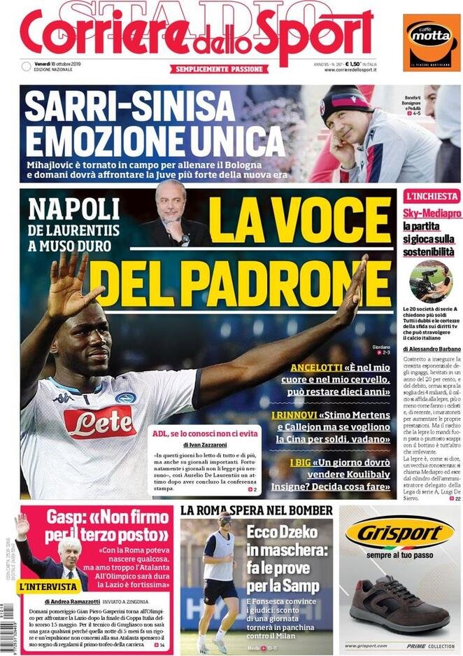 18 ottobre: prime pagine&nbsp;Sport