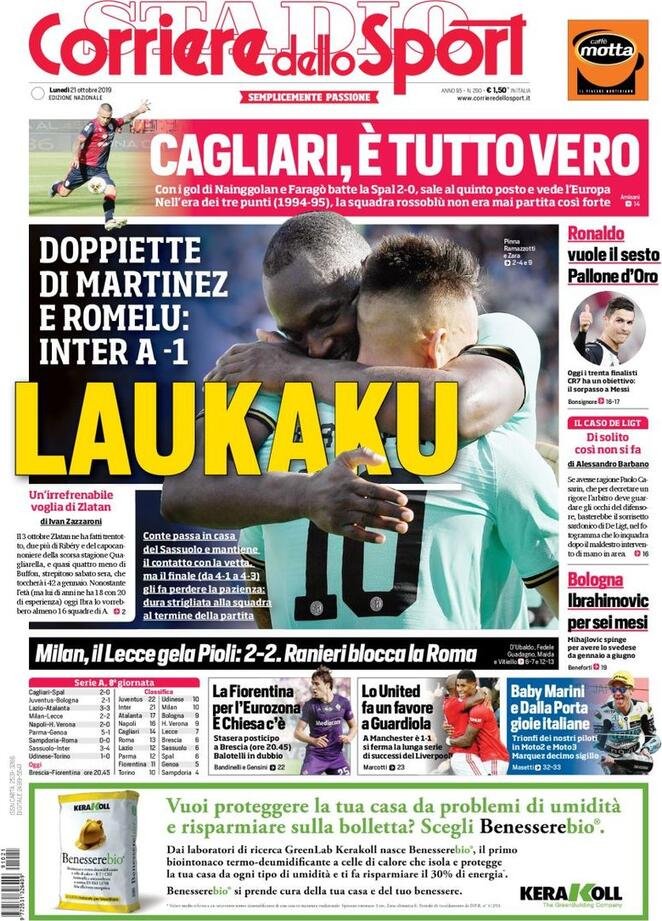 21 ottobre: prime pagine&nbsp;sport