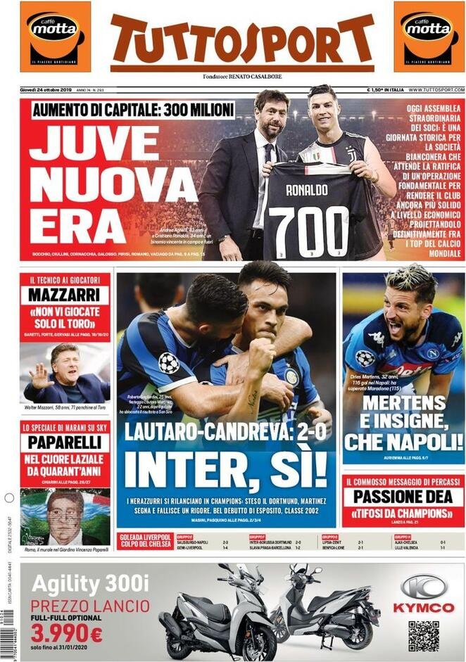 24 ottobre: prime pagina&nbsp;sport