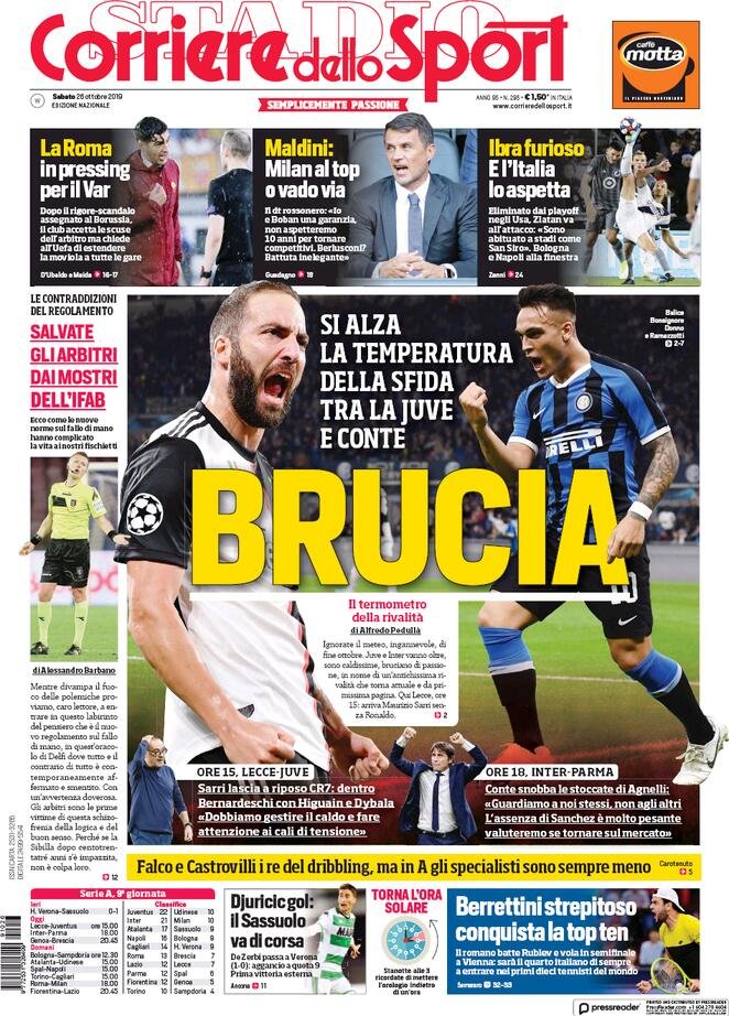 26 ottobre: prime pagine&nbsp;Sport