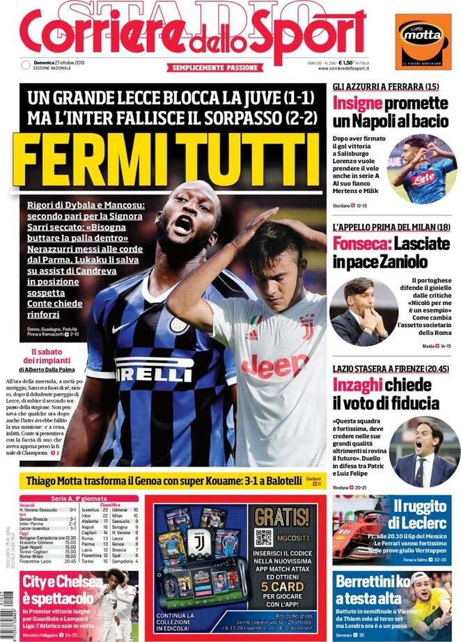 27 ottobre: prime pagine&nbsp;sport