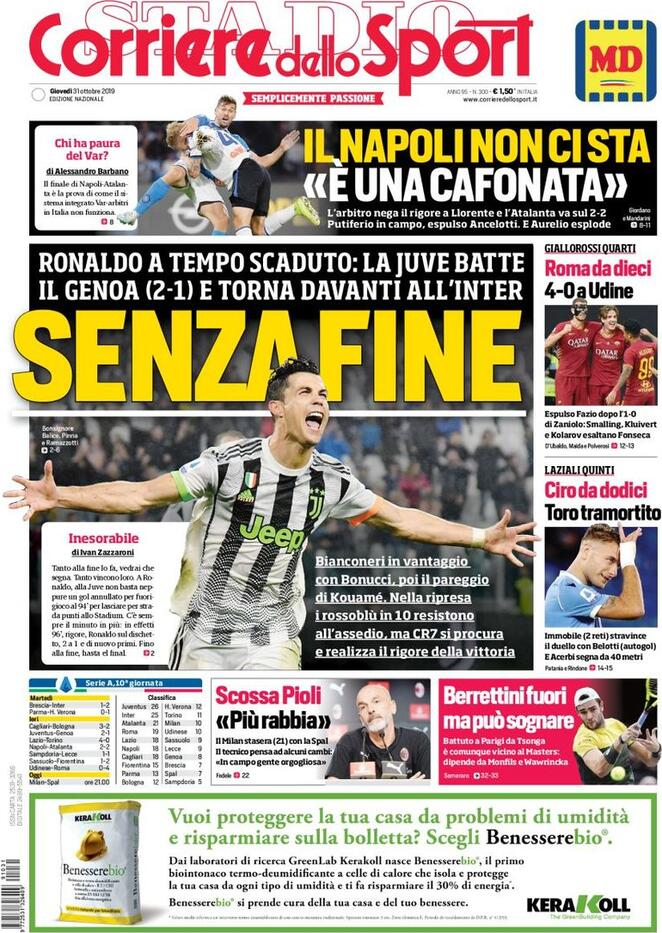31 ottobre: prime pagine&nbsp;sport