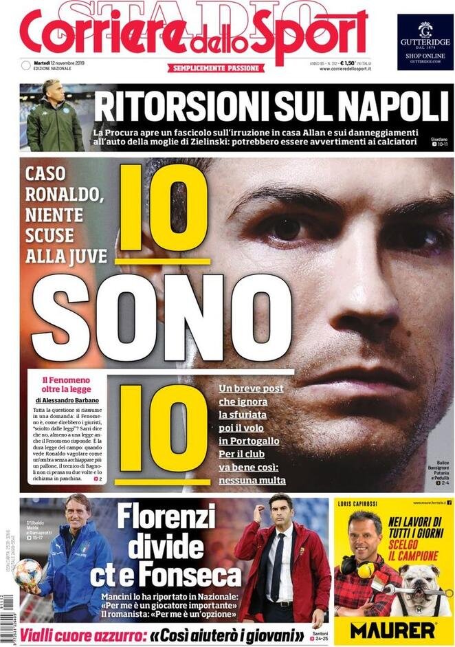 12 novembre: prime pagine&nbsp;sport