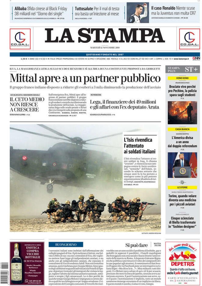 12 novembre: prime pagine&nbsp;Italia
