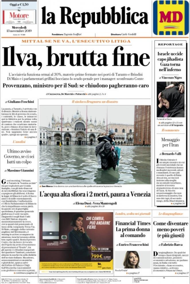 13 novembre: prime pagine&nbsp;Italia