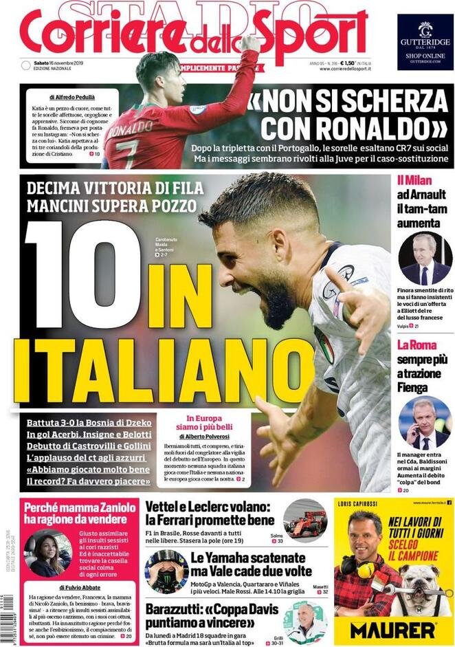 16 novembre: prime pagine&nbsp;Sport