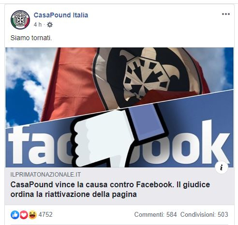 Casapund vince contro il gigante&nbsp;Facebook